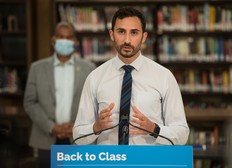 Ontario Education Minister Stephen Lecce speaks at a press conference for the Ontario Government at St. Robert Catholic High School in Toronto, Wednesday, Aug. 4, 2021. Ontario education workers such as librarians, custodians and early childhood educators have agreed to mediation with the government in contract talks that have inched toward a strike.