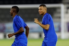France's Kylian Mbappe (right) and Ousmane Dembele during training.