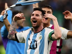 Lionel Messi of Argentina celebrates the final 2-0 result win after the FIFA World Cup Qatar 2022 Group C match between Argentina and Mexico.