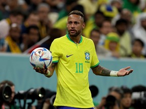 Neymar of Brazil reacts during the FIFA World Cup Qatar 2022 Group G match between Brazil and Serbia.