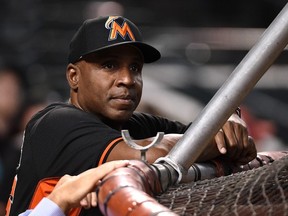 Hitting coach Barry Bonds of the Miami Marlins watches batting practice prior to a game against the Arizona Diamondbacks at Chase Field on June 10, 2016 in Phoenix, Arizona.