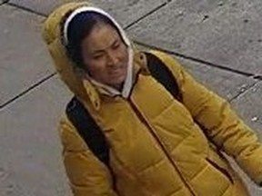 An image released by Toronto Police of a woman wanted in the assault of another woman on Danforth Ave. on Nov. 27, 2022.