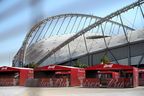 Budweiser beer kiosks are pictured at the Khalifa International Stadium in Doha on November 18, 2022, ahead of the Qatar 2022 World Cup. 