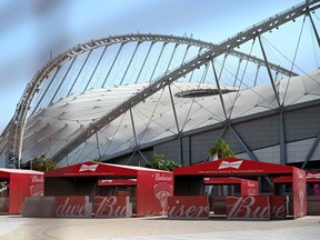 Budweiser beer kiosks are pictured at the Khalifa International Stadium in Doha on November 18, 2022, ahead of the Qatar 2022 World Cup football tournament.