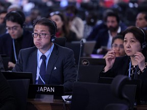 The Japanese delegate reacts during the closing session of the COP27 climate conference, at the Sharm el-Sheikh International Convention Centre in Egypt's Red Sea resort city of the same name, on Nov. 20, 2022.