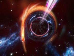 This handout picture released on Nov. 30, 2022 by Nature Publishing Group shows an artist impression illustrating observations of a rare tidal disruption event (TDE), bursts of energy released when a star is torn apart by a supermassive black hole.