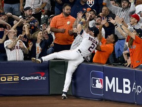 Oct 28, 2022; Houston, Texas, USA; Houston Astros third baseman Alex Bregman (2) in action during game one between the Houston Astros and the Philadelphia Phillies of the 2022 World Series at Minute Maid Park.