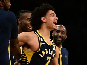 Indiana Pacers guard Andrew Nembhard (2) celebrates after the game against the Los Angeles Lakers at Crypto.com Arena Nov. 28, 2022.