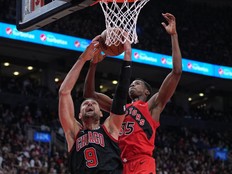 Nov 6, 2022; Toronto, Ontario, CAN; Chicago Bulls center Nikola Vucevic (9) drives to the basket as Toronto Raptors forward Christian Koloko (35) tries to defend during the third quarter at Scotiabank Arena. Mandatory Credit: Nick Turchiaro-USA TODAY Sports