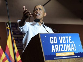 Former U.S. President Barack Obama delivers remarks at a campaign event for Arizona Democrats at Cesar Chavez High School in Phoenix, Wednesday, Nov. 2, 2022.