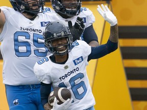 Argonauts wide receiver Brandon Banks (16) waves at the Hamilton fans after making his second touchdown of the game during second half CFL football game action against the Hamilton Tiger Cats in Hamilton, Ont. on Monday, September 5, 2022.