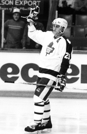 Toronto Maple Leaf Borje Salming acknowledges the standing ovation of the crowd Monday night in Toronto on January 4, 1988, before the start of his 1,000th hockey game as a Leaf. Salming is the fifth Leaf to have reached that milestone. THE CANADIAN PRESS/John Felstead