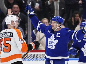 Toronto Maple Leafs' John Tavares celebrates his third goal of the game against the Philadelphia Flyers during third period NHL hockey action in Toronto on Wednesday, November 2, 2022.