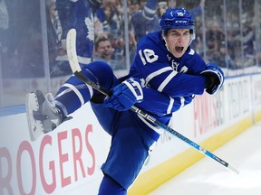 Mitch Marner celebrates his highlight-reel goal against the Golden Knights on Tuesday at Scotiabank Arena. He also had a pair of assists in the OT loss.
