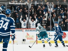 Maple Leafs' Mitchell Marner turns to celebrate after scoring his team’s third goal against the San Jose Sharks late in the third period on Wednesday, Nov. 30, 2022.