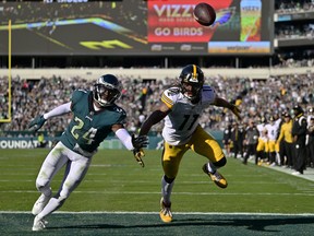 Philadelphia Eagles cornerback James Bradberry (24) defends against Pittsburgh Steelers wide receiver Chase Claypool (11) for an incomplete pass during the second half of an NFL football game between the Pittsburgh Steelers and Philadelphia Eagles, Sunday, Oct. 30, 2022, in Philadelphia.