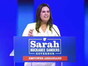 Arkansas Gov.-elect Sarah Huckabee Sanders speaks during her election night party Tuesday, Nov. 8, 2022, in Little Rock, Ark.