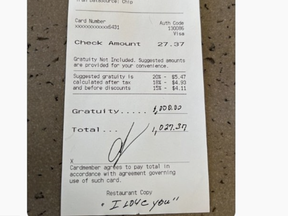 A bill with a large tip left by former NFL star Chad Johnson.