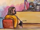 David Wayne DePape, 42, who is charged with breaking into US House Speaker Nancy Pelosi's San Francisco home and clubbing her husband in the head with a hammer, wears his arm in a sling before San Francisco Superior Court Judge Diane Northway at the Criminal courts in San Francisco, Tuesday, Nov.  1, 2022. in this courtroom sketch.