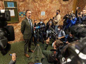 Public defender Adam Lipson speaks with the media after the arraignment hearing for David Wayne DePape, accused of attacking U.S. House Speaker Nancy Pelosi's husband Paul Pelosi with a hammer after forcing his way into the couple's San Francisco home, at the Criminal courts in San Francisco, Tuesday, Nov. 1, 2020.