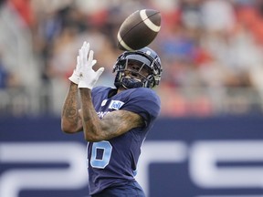 Toronto Argonauts' Brandon Banks attempts to make a catch during the first half of CFL football action against the Winnipeg Blue Bombers, in Toronto, Monday, July 4, 2022.
