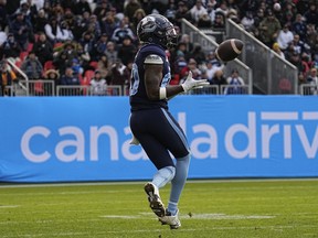 Argonauts wide receiver DaVaris Daniels catches a pass for a touchdown against the Montreal Alouettes during the first half of the 2022 East final at BMO Field.