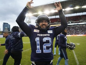 Argonauts quarterback Chad Kelly celebrates after a win over the Montreal Alouettes at BMO Field last weekend.