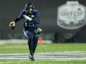 Toronto Argonauts quarterback Chad Kelly (12) runs against the Winnipeg Blue Bombers in the second half Nov. 20, 2022 as the Argonauts defeated the Blue Bombers to win the 2022 Grey Cup Championship at Mosaic Stadium.
