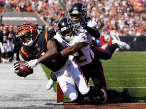 Cincinnati Bengals wide receiver Ja'Marr Chase pulls in a catch for a touchdown in the second quarter of the NFL Week 7 game between the Cincinnati Bengals and the Atlanta Falcons at Paycor Stadium in downtown Cincinnati on Sunday, Oct. 23, 2022. The Bengals led 28-17 at halftime.