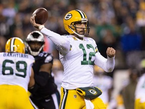 Green Bay Packers quarterback Aaron Rodgers passes the ball against the Philadelphia Eagles during the second quarter at Lincoln Financial Field.