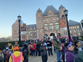 CUPE workers and supporters picket outside Queen's Park in Toronto on Friday, Nov. 4, 2022.