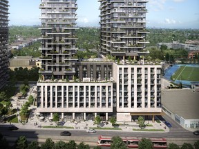 Foret Forest Hill features three towers of 35, 33 and 32 storeys each, including a nine-storey “building on-top-of-a-building treehouse in the sky.”