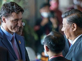Canada's Prime Minister Justin Trudeau speaks with China's President Xi Jinping at the G20 Leaders' Summit in Bali, Indonesia, on Nov. 15, 2022.