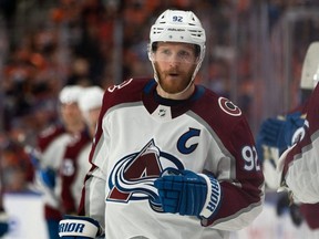 Avalanche captain Gabriel Landeskog celebrates a goal with teammates against the Oilers during Game 4 of the NHL Western Conference Final at Rogers Place in Edmonton, June 6, 2022.