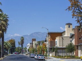 Day time ground level view of the residential area of Ontario, Calif.