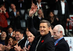TORONTO, ON - NOVEMBER 08: Former Toronto Maple Leaf Borje Salming acknowledges the crowd during a ceremony prior to the game between the Toronto Maple Leafs and the New Jersey Devils  at the Air Canada Centre on November 8, 2013 in Toronto, Canada.  (Photo by Bruce Bennett/Getty Images)