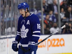 Toronto Maple Leafs centre Mitch Marner reacts after taking a penalty in overtime against the Washington Capitals during NHL hockey action in Toronto on Tuesday, Oct. 29, 2019.