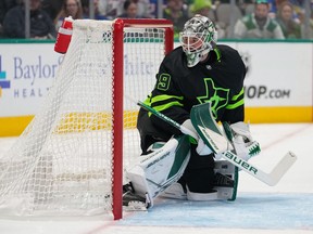 Oct 29, 2022; Dallas, Texas, USA;  Dallas Stars goaltender Jake Oettinger defends the goal against the New York Rangers during the first period at American Airlines Center.