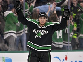 Dallas Stars left wing Jason Robertson celebrates scoring the game tying  goal against the Winnipeg Jets during the third period at the American Airlines Center.