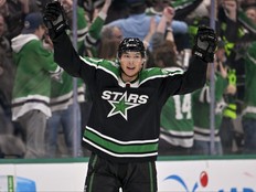 Dallas Stars left wing Jason Robertson celebrates scoring the game tying goal against the Winnipeg Jets during the third period at the American Airlines Center.