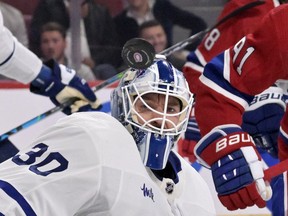 Oct 12, 2022; Montreal, Quebec, CAN; Toronto Maple Leafs goalie Matt Murray tracks the puck during the second period of the game against the Montreal Canadiens at the Bell Centre. Mandatory Credit:-USA TODAY Sports