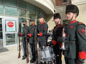 Members of the Queen's Own Rifles wear period uniforms during a Remembrance Day at Runnymede Healthcare Centre on Saturday, Nov. 5, 2022.