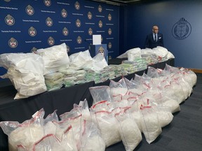 Toronto Police Insp. Mandeep Mann shows $60 million of seized drugs at police HQ on Thursday, Nov. 17, 2022.