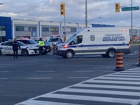 Peel Regional Police at the scene of a fatal pedestrian collision at Heritage and Steeles in Brampton on Friday, Nov. 25, 2022.