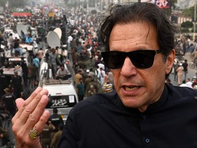In this photograph taken on Nov. 1, 2022, Pakistan's former prime minister Imran Khan speaks while taking part in an anti-government march in Gujranwala.