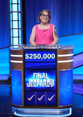 Amy Schneider seen after winning Jeopardy! Tournament of Champions.