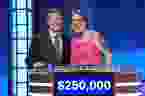 Jeopardy! host Ken Jennings and Tournament of Champions winner Amy Schneider.