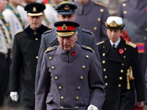 Britain's Prince Edward, Earl of Wessex, Britain's King Charles III, Britain's Prince William, Prince of Wales and Britain's Princess Anne, Princess Royal attend the Remembrance Sunday ceremony at the Cenotaph on Whitehall in central London, Sunday, Nov. 13, 2022.