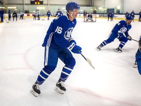 Toronto Maple Leafs winger Mitch Marner skates during practice at the Ford Performance Center on Tuesday.