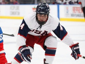 Team USA defenseman Mitchell Miller during the Hlinka Gretzky Cup bronze medal match against Russia in Edmonton on Aug. 11, 2018.